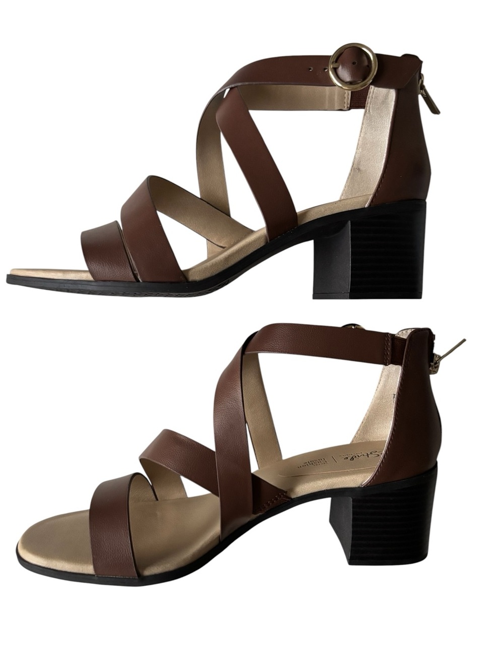 Life Stride Brown Strappy Block Heel Sandals with Gold Buckle 8 1/2 W - Picture 6 of 14